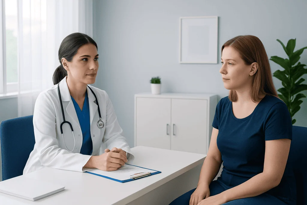 Doctor consulting with a patient in a modern medical office.