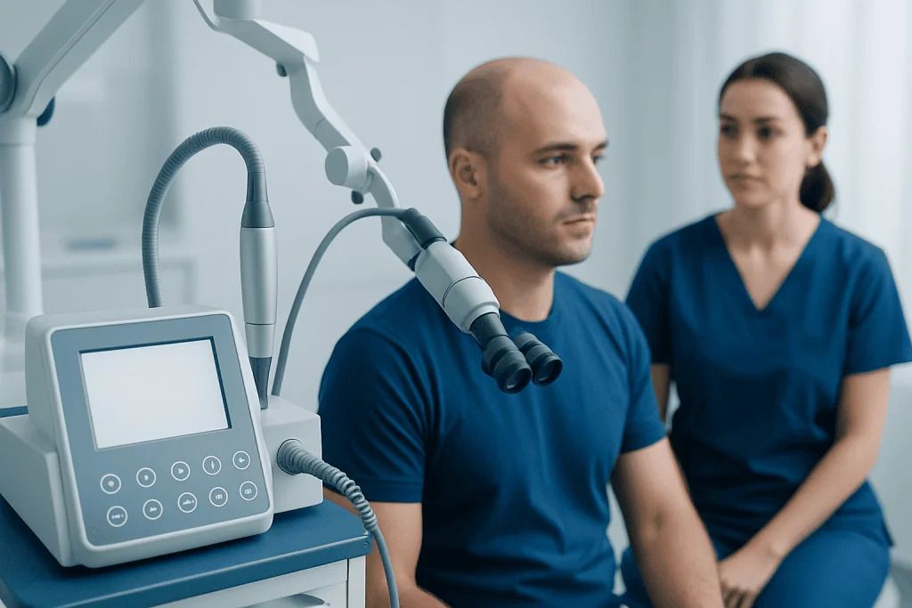 Patient undergoing hair transplant consultation at Acibadem Hospital.