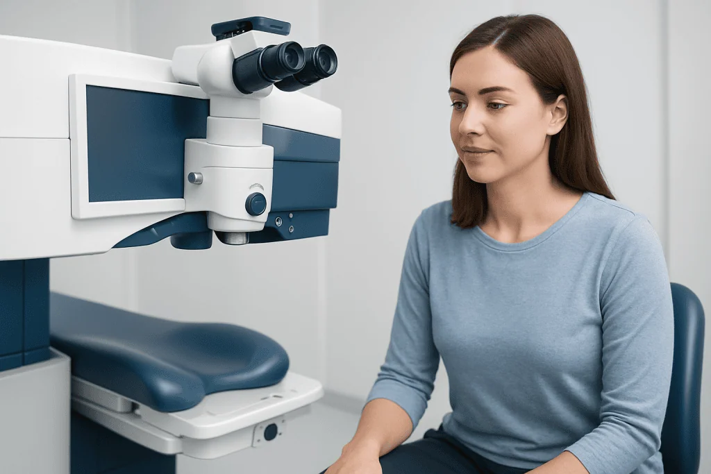 Young woman undergoing eye examination with advanced medical equipment.