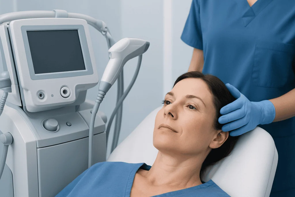 Woman undergoing a facial examination with medical equipment nearby.