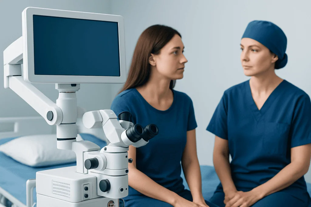 Doctor and patient preparing for forehead reduction consultation at hospital.