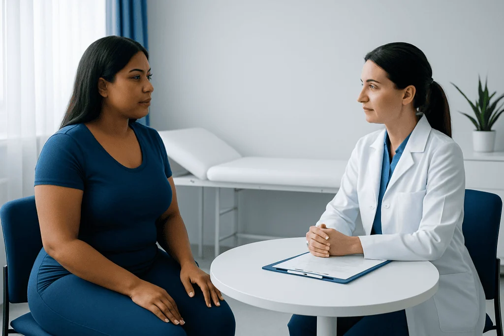 Doctor consulting with patient in a medical office setting.