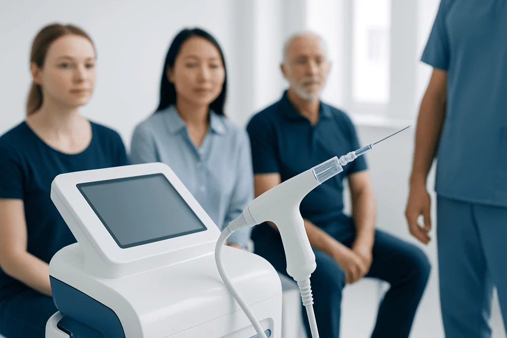 Medical consultation with a laser device for skin treatment at Acibadem Hospitals.