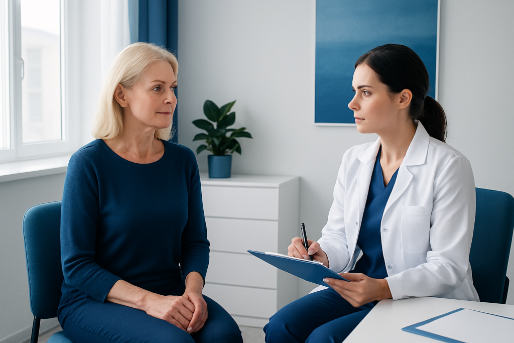 Doctor consulting with an elderly woman in a medical office.