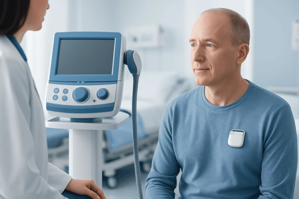Patient undergoing neuromodulation device consultation at Acibadem Hospital.