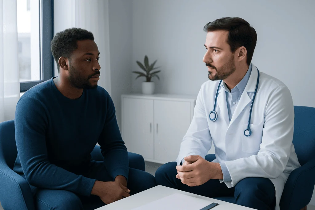 Doctor consulting with a patient about hair transplantation options.