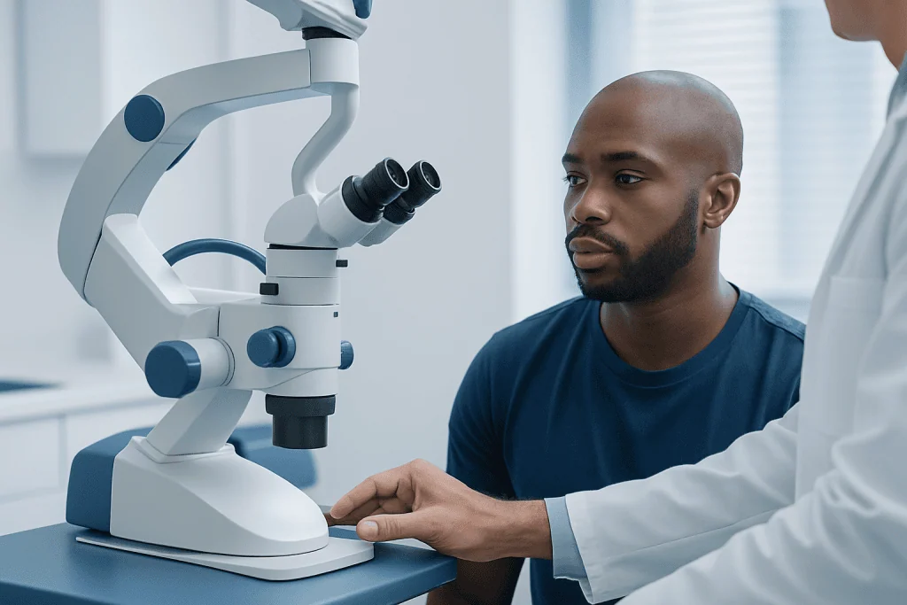 African American man undergoing hair analysis with a microscope at a clinic.