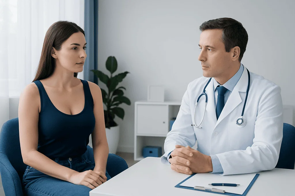 Doctor consulting with a female patient in a medical office.
