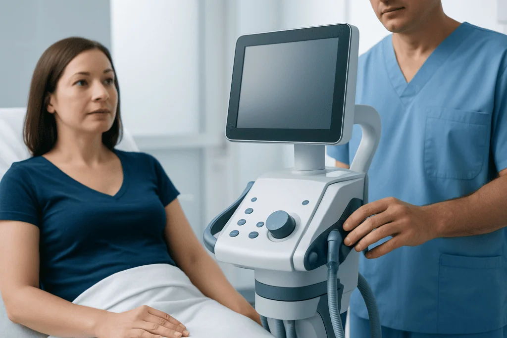 Medical professional preparing ultrasound machine for patient consultation.