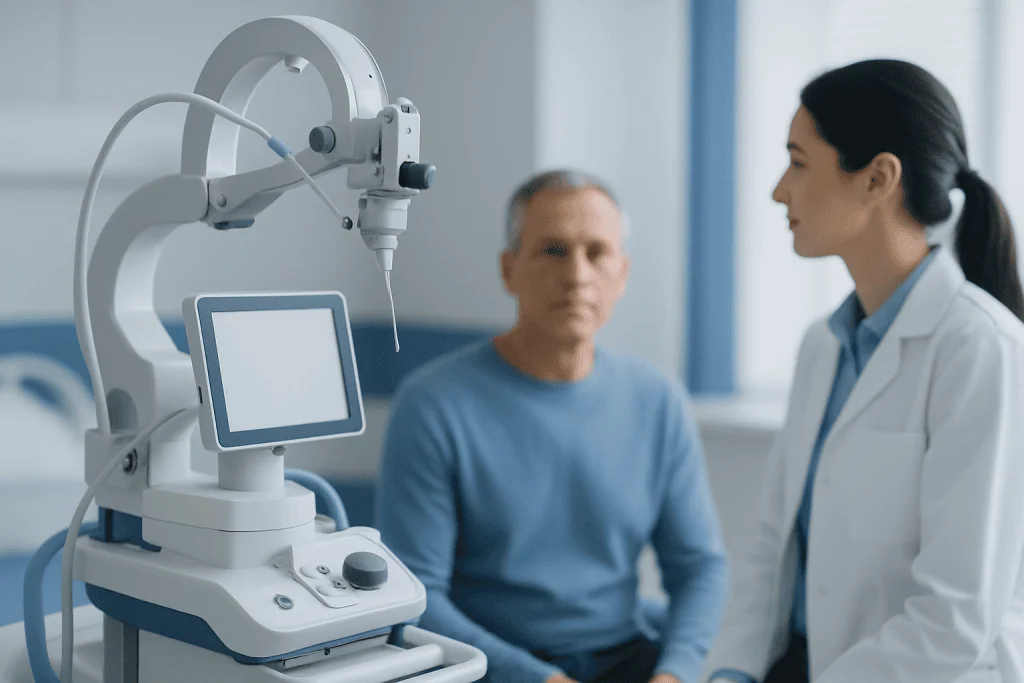 Medical professional explains treatment to patient in a hospital room.