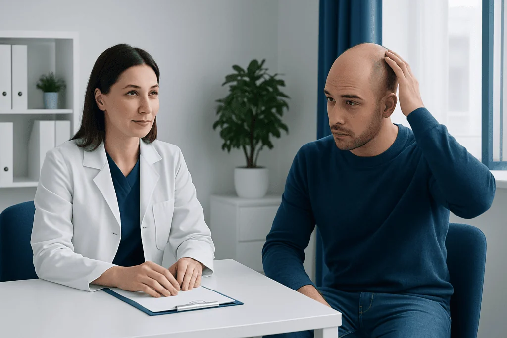 Doctor consulting with male patient about hair loss treatment options.