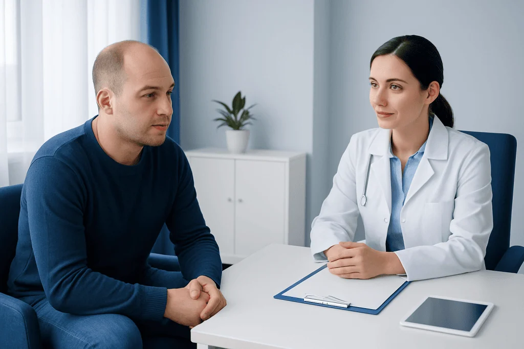 Patient consulting with doctor about hair transplant options at Acibadem Hospital.