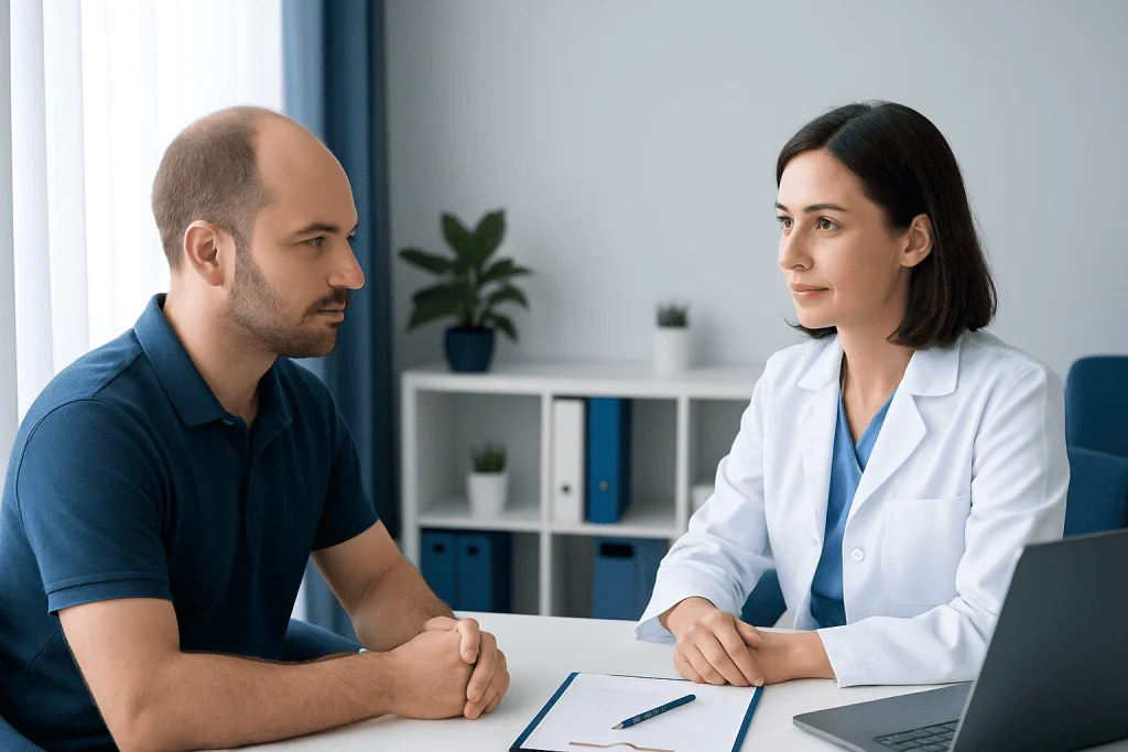 Doctor consulting male patient in a modern clinic setting.
