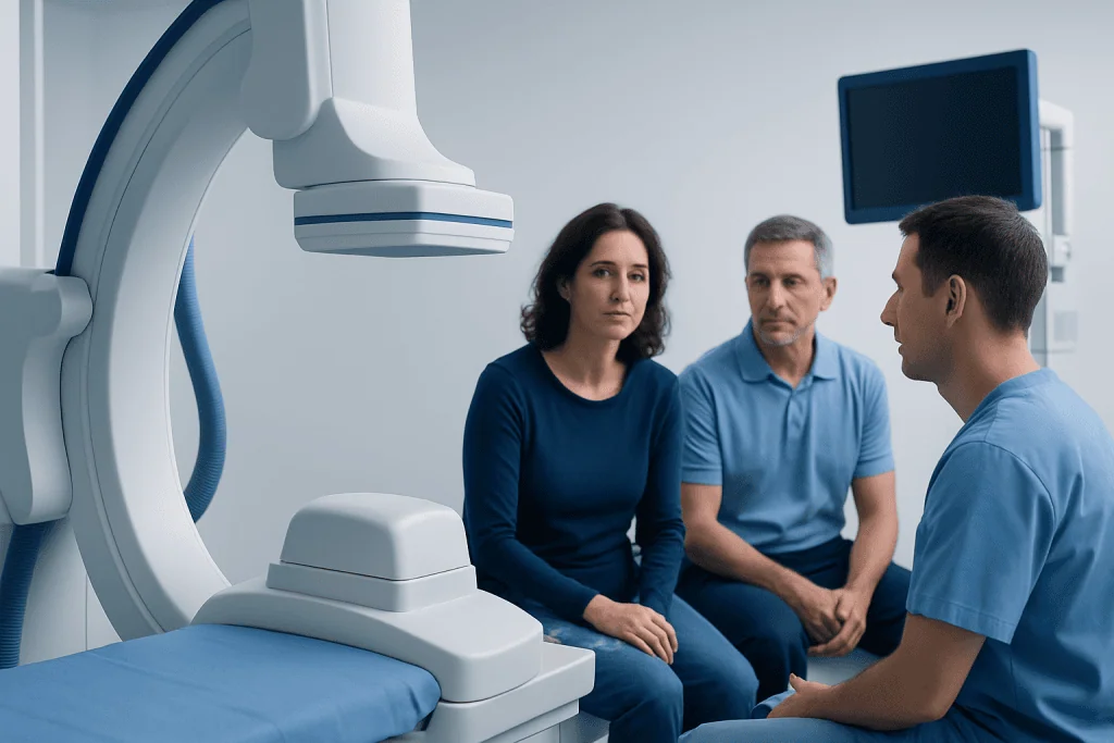 Medical consultation in a hospital with a patient and doctors.