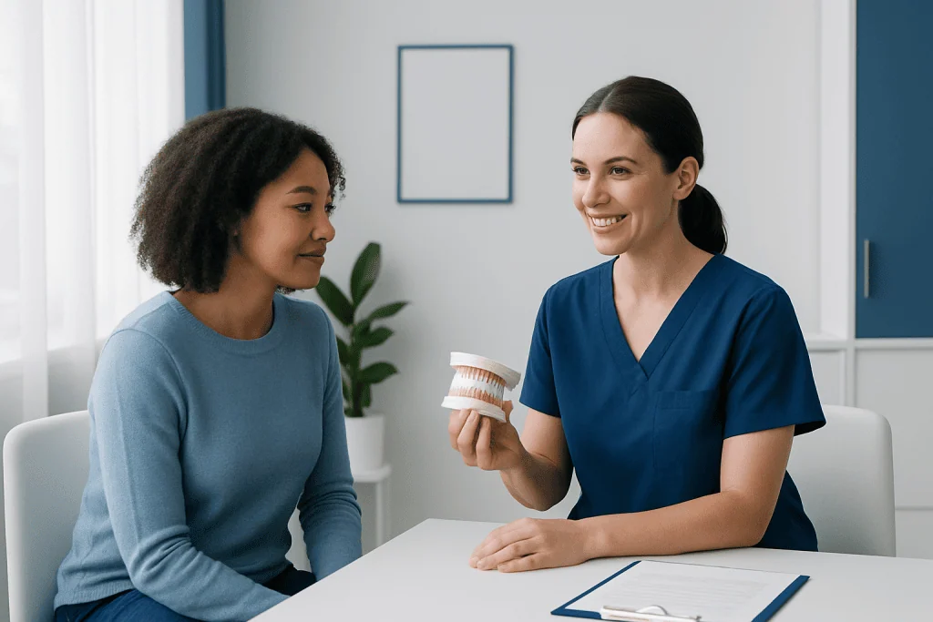 Dentist explaining teeth whitening options to a patient in a clinic.