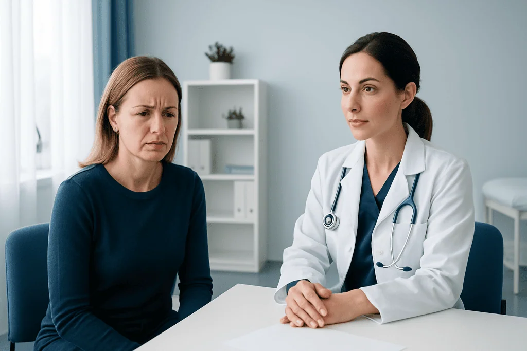 Doctor explains Botox frown lines to patient in consultation room.