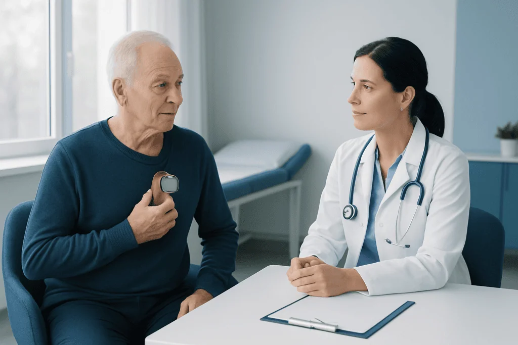 Doctor consulting with elderly patient about MRI-compatible pacemakers.