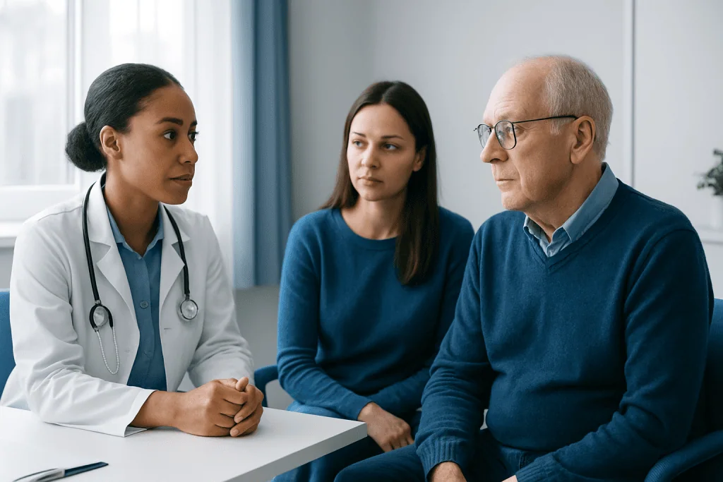 Doctor consulting with two female patients in a medical office.