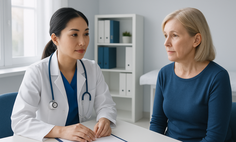 Doctor consulting with an elderly female patient in a medical office.