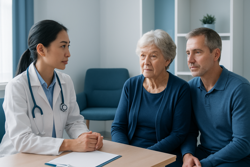 Doctor consulting with elderly patient and her relative in a hospital setting.
