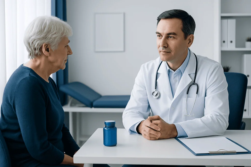 Doctor consulting with elderly woman in a medical office setting.