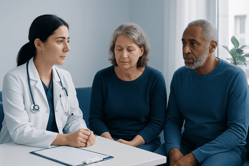 Doctor consulting with elderly couple in a medical office.