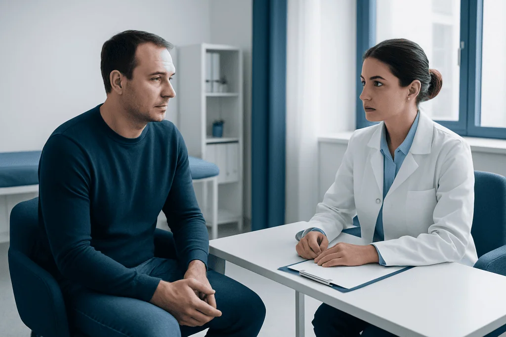 Doctor consulting with male patient in a modern medical office.