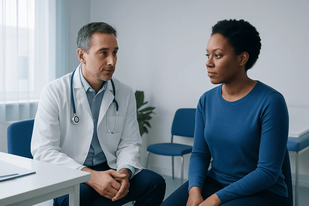 Doctor consulting a patient in a medical office setting.