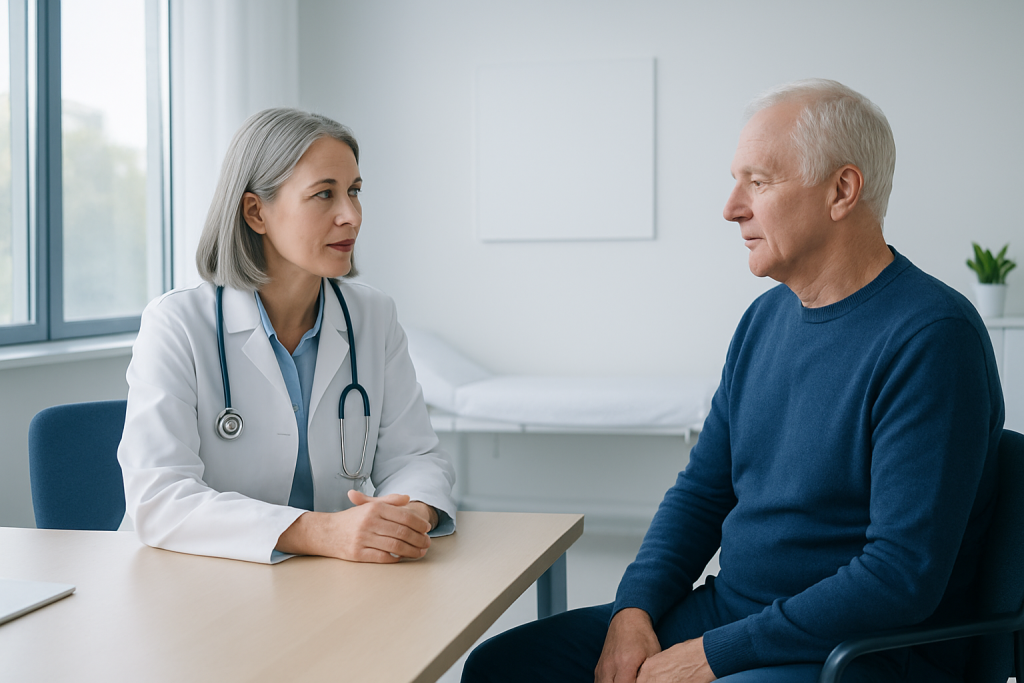 Doctor consulting with an elderly male patient in a medical office.