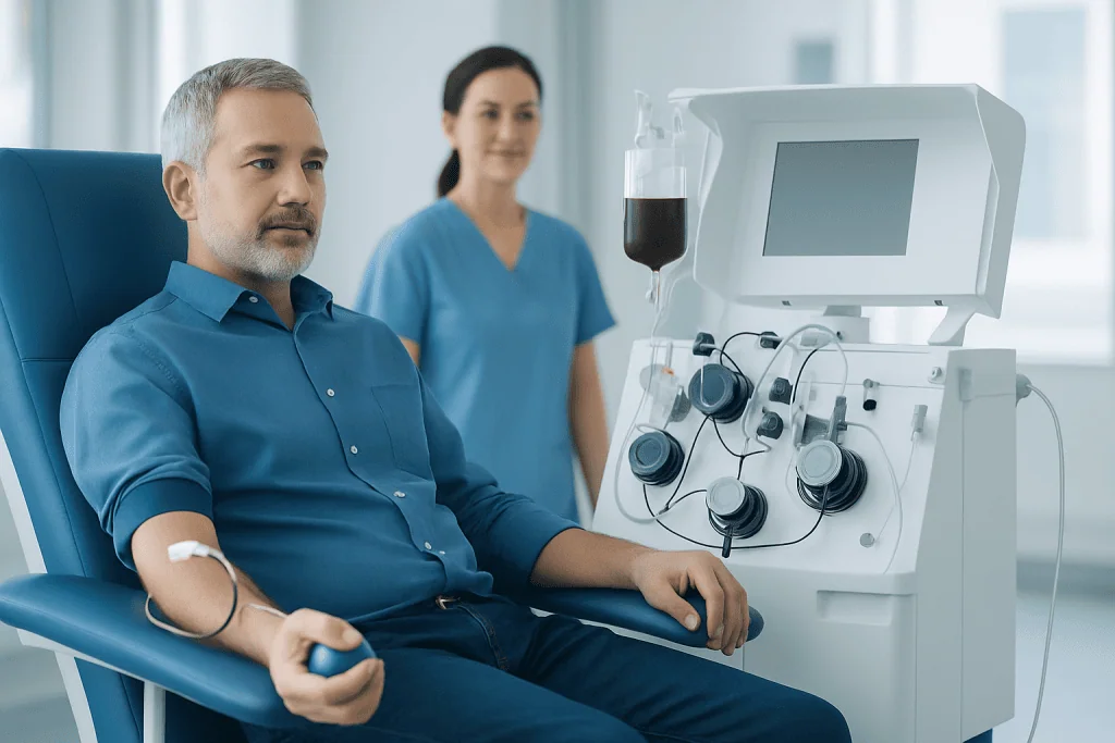 Patient donating blood in a medical facility with healthcare professionals present.
