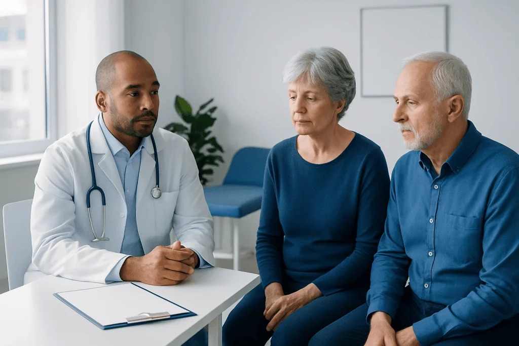 Doctor consulting with elderly couple in a medical office.