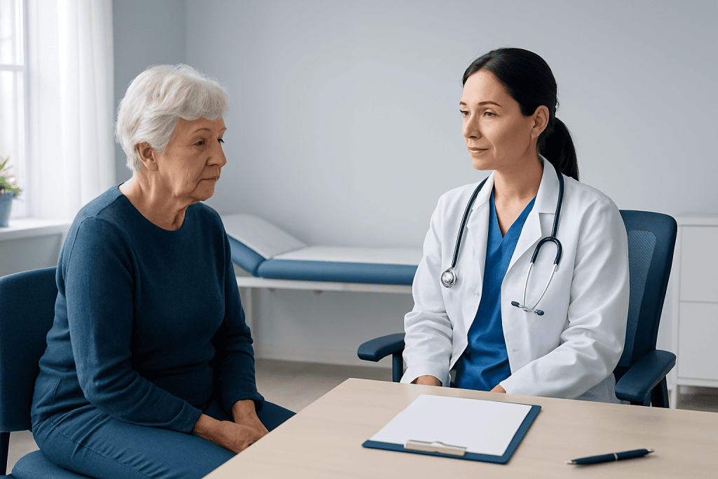 Doctor consulting with elderly patient in a medical office.