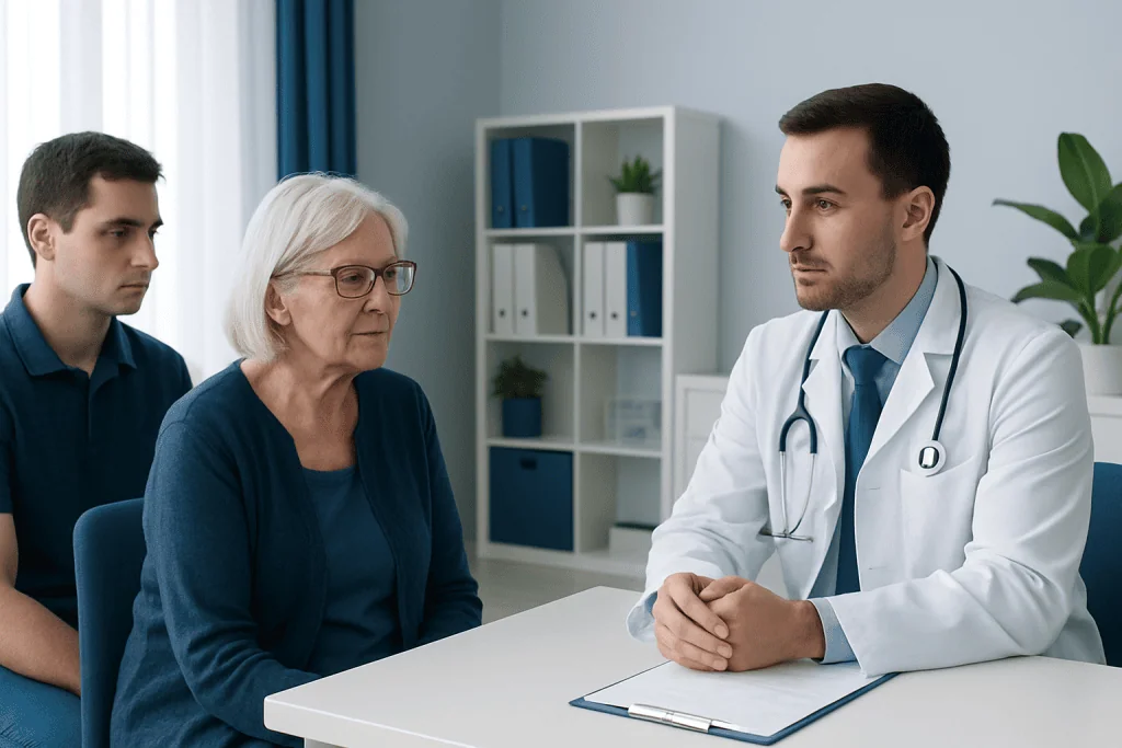 Doctor consulting with elderly woman and young man in medical office.