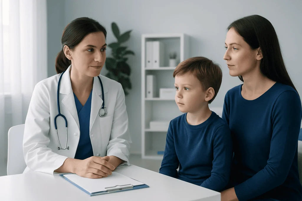 Pediatric consultation with a doctor and mother in a clinic setting.