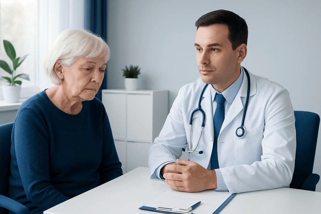 Doctor consulting with elderly female patient in a medical office.