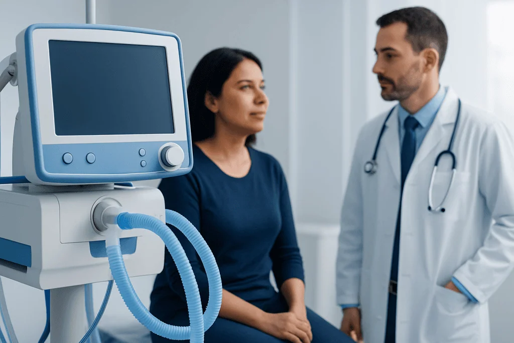 Doctor explaining medical equipment to a patient in a hospital room.