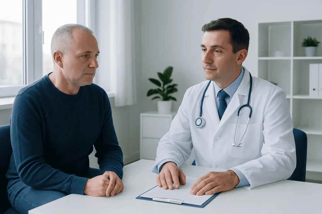 Doctor consulting with patient in a modern medical office.