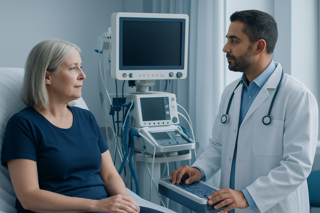 Doctor consulting with an elderly female patient in a hospital room.