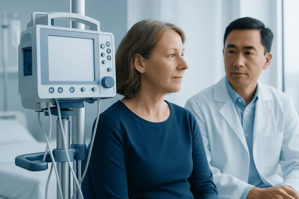 Patient in a hospital consultation with a doctor near medical monitoring equipment.