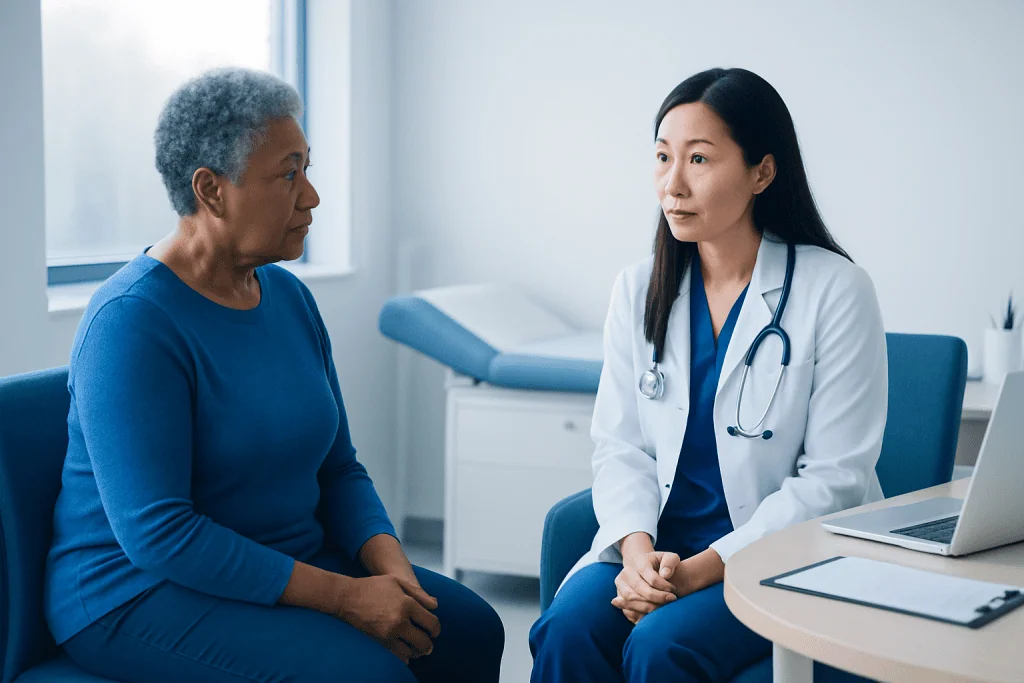 Doctor consulting with an elderly female patient in a medical office.