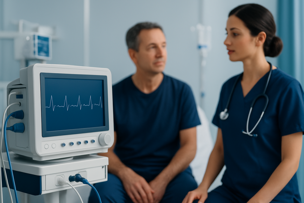 Medical professionals monitoring a patient's heart in a hospital setting.
