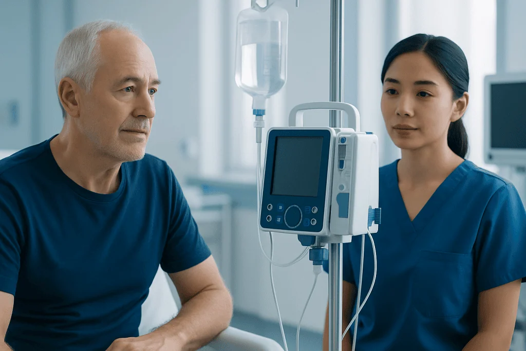Patient receiving medical treatment in a hospital setting at Acibadem Hospitals Group.