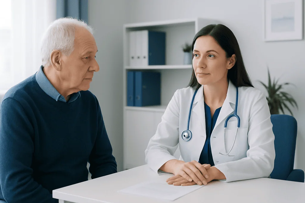 Doctor consulting with elderly male patient in a modern clinic setting.