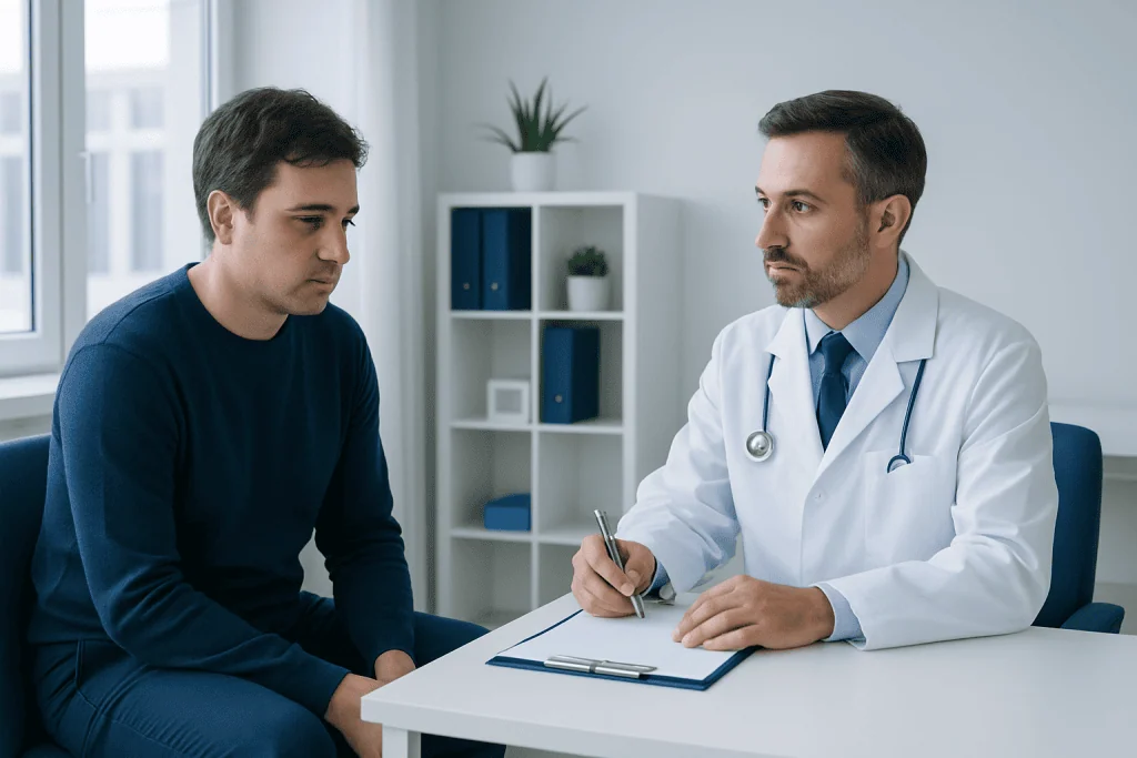 Doctor consulting with a young male patient in a modern clinic setting.