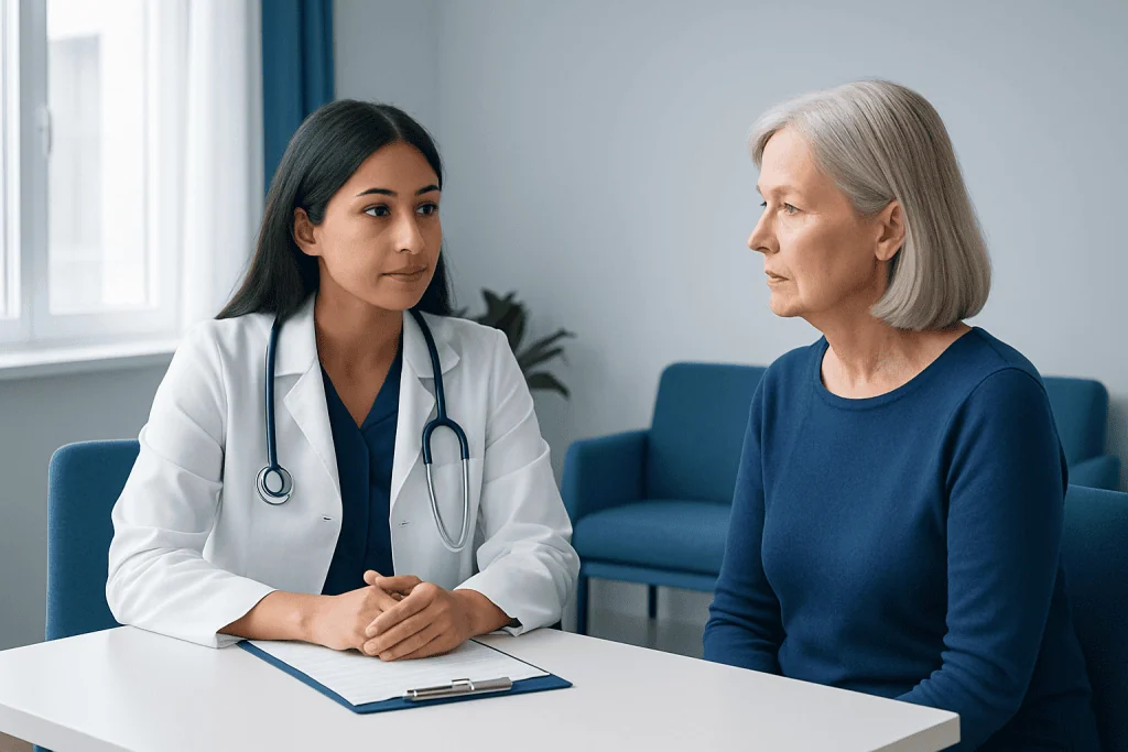 Doctor consulting with an elderly female patient in a medical office.