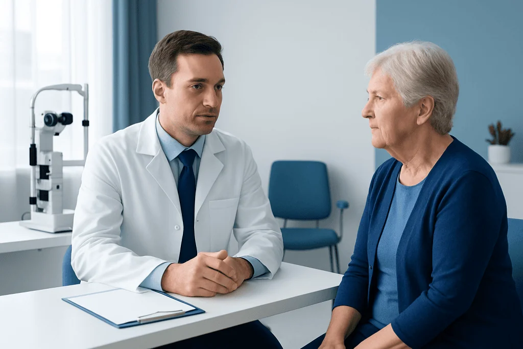 Doctor consulting with elderly patient in a medical office.