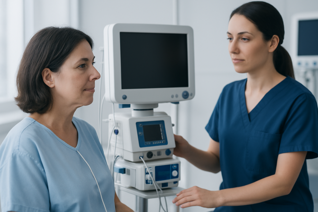 Medical professionals using monitoring equipment in a hospital setting.