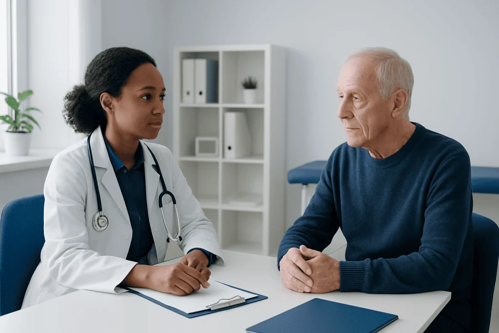 Doctor consulting with elderly patient in a medical office.
