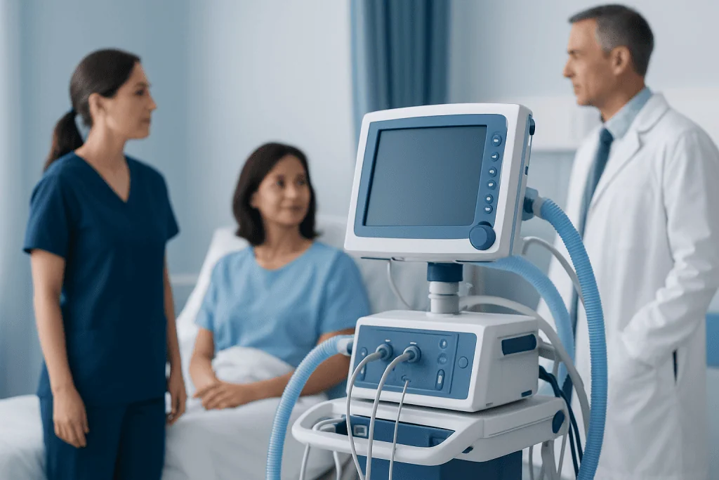 Medical professionals discussing patient care with monitor in hospital room.