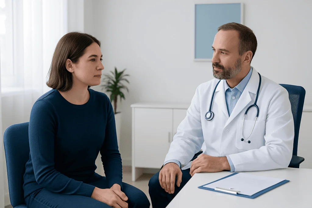 Doctor consulting with a female patient in a medical office setting.
